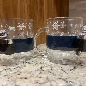 Snowflake Glass Mugs with Blue Accents and Mini Flasks